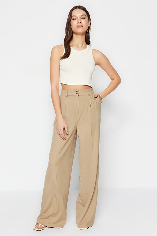 Haki Ütü İzli Wide Leg/Geniş Paça Dokuma Kumaş Pantolon TWOSS23PL00326 - 2