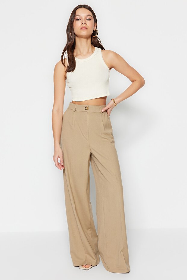 Haki Ütü İzli Wide Leg/Geniş Paça Dokuma Kumaş Pantolon TWOSS23PL00326 - 3