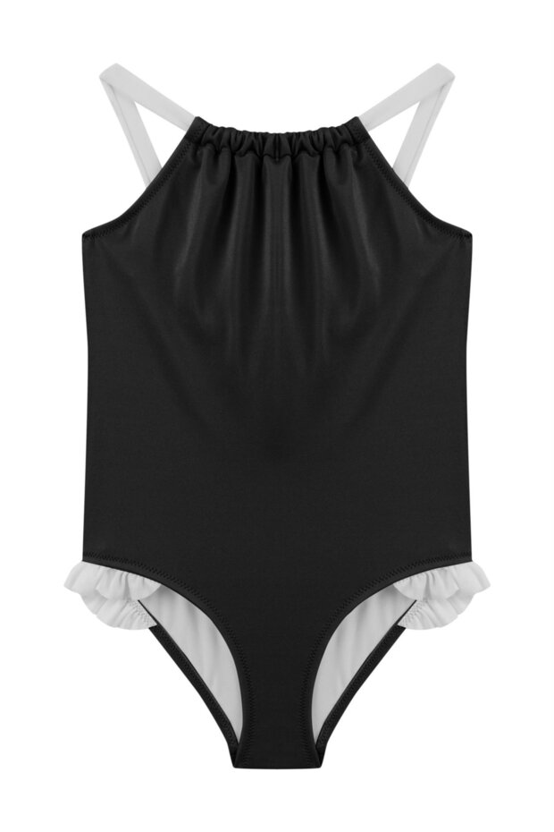 Girl's Black Gathered Swimsuit