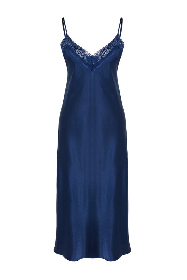 Indigo Dantelli ve Yırtmaçlı İp Askılı Saten Dokuma Gecelik THMSS23GC00021 - 9