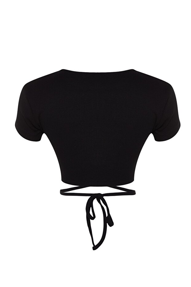 Siyah Bağlama Detaylı Crop Fitilli Pamuklu Örme Bluz THMSS22BZ1089 - 8