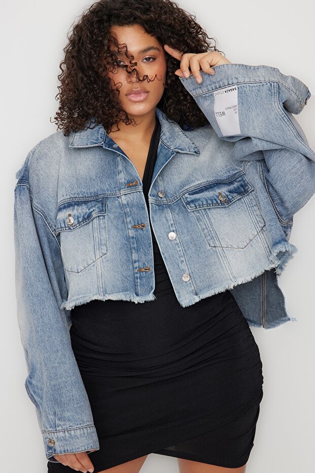 X Sagaza Studio Mavi Crop Denim Ceket TCLSS23CE00003 - 3