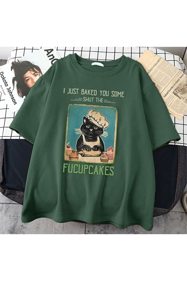 Unisex Green Cat Printed Oversize Tshirt