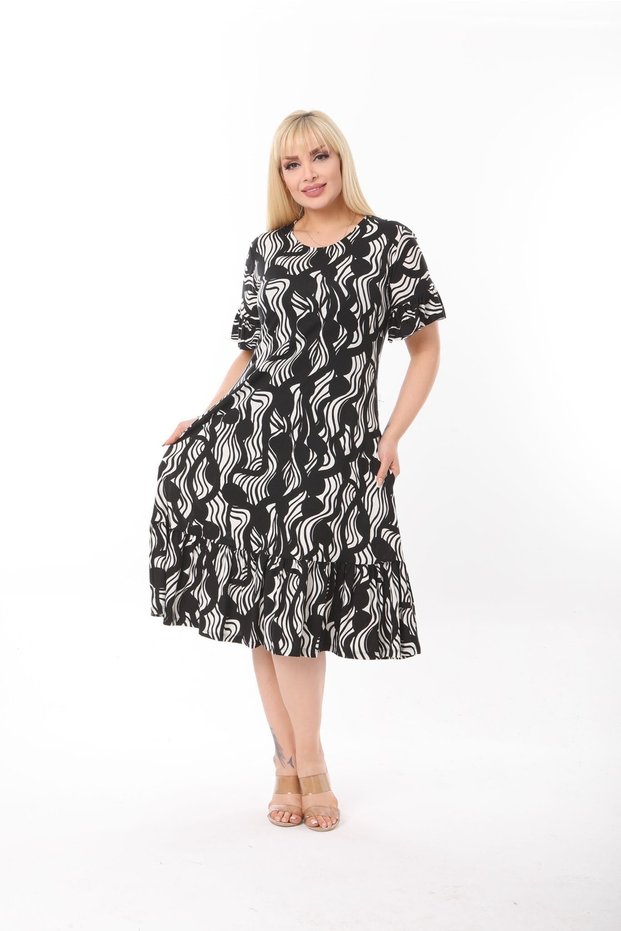 Plus Size Knee Length Sleeve and Skirt Ruffle Detailed Stylish Pocketed Viscose Combed Cotton Dress