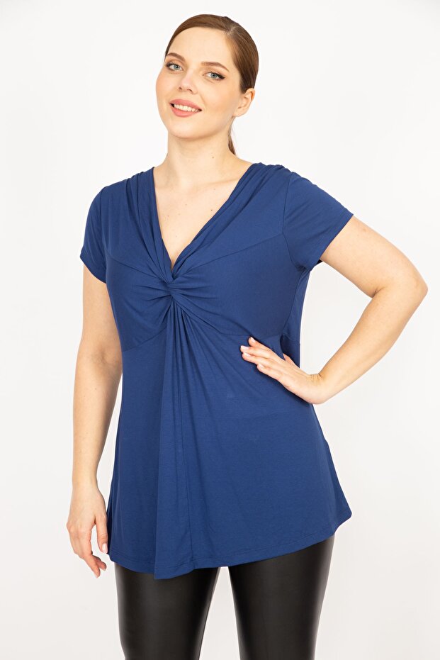 Women's Navy Blue Large Size Chest Gathered Tunic 65n35936