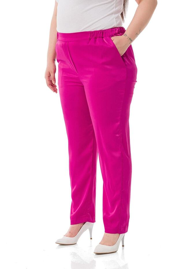 Plus Size Satin Fuchsia Trousers with Elastic Side and Back Pockets - 5