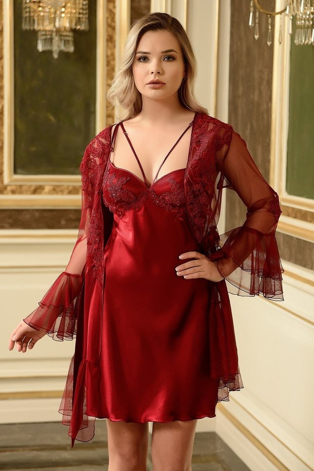 Women's Burgundy 6 Piece Lace Detailed Satin Nightgown Dowry Set