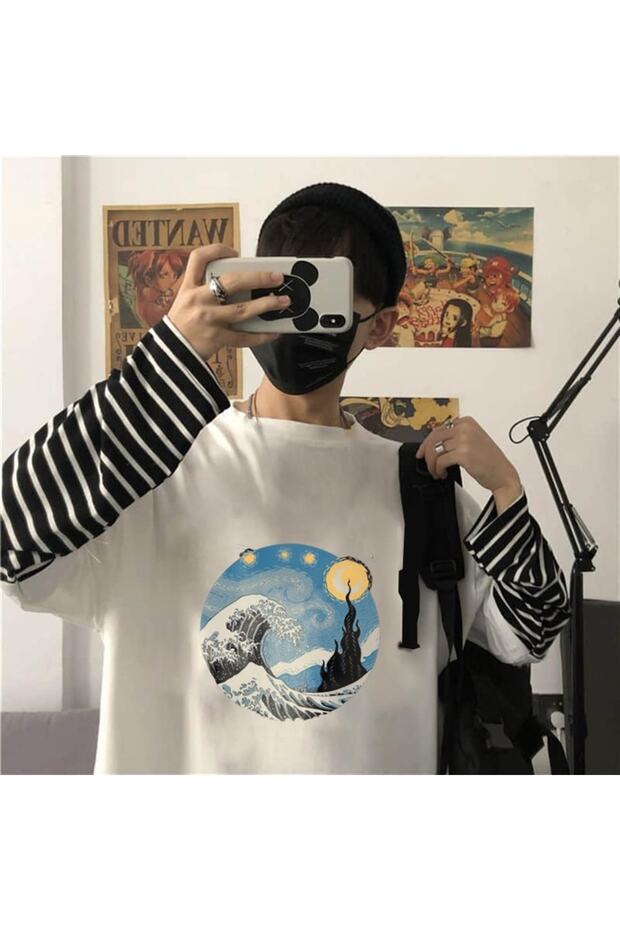 Unisex White T-shirt - Kanagawa Oki Nami Ura Printed, Fake Sleeves