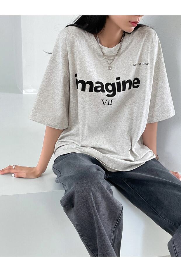تي شيرت رمادي Imagine VII مطبوع عليه Overisze للجنسين
