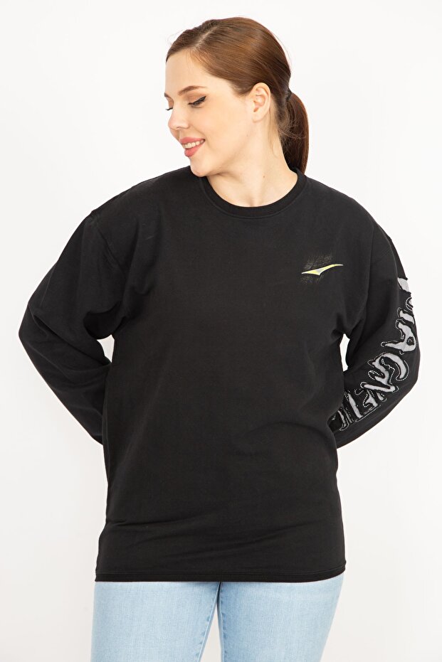 Women's Black Large Size Cotton Fabric Sleeve Detailed Sweatshirt 65n35947