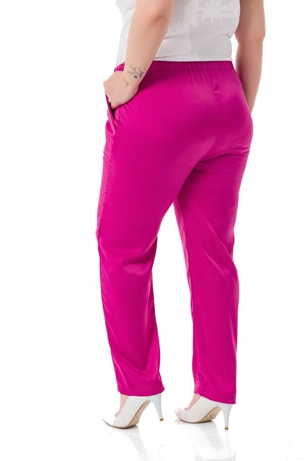 Plus Size Satin Fuchsia Trousers with Elastic Side and Back Pockets - 3