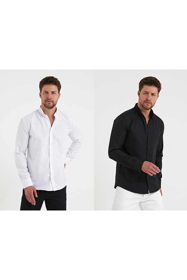 Men's Slim Fit Double Oxford Button Collar Shirt Black White