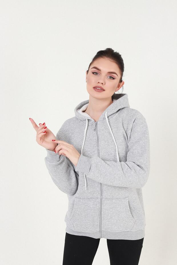 Gri Kapüşonlu Fermuarlı Sweatshirt - 4