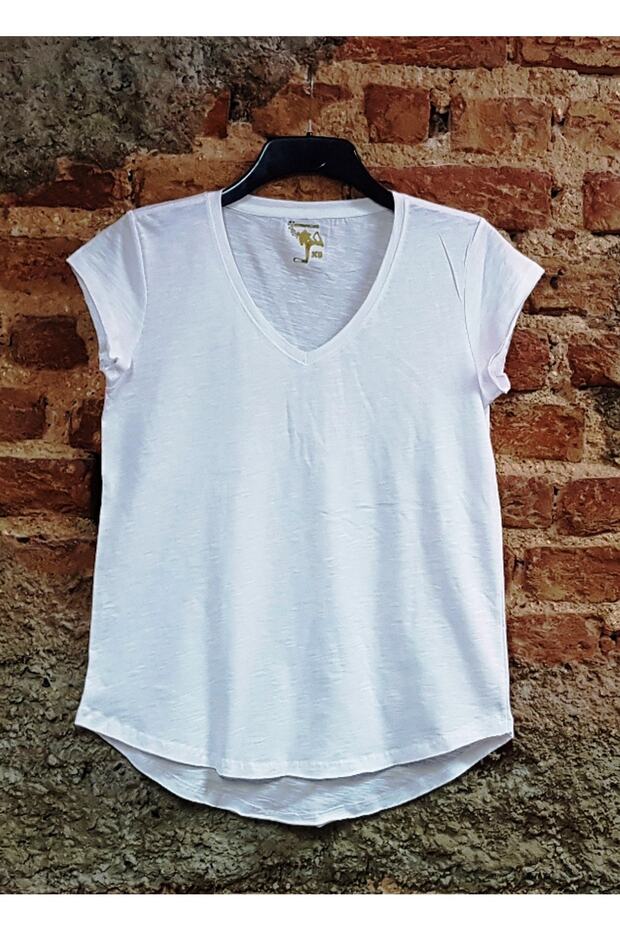 White 100% Cotton Flared V-Neck Knitted T-shirt