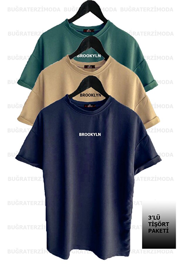 Brooklyn Printed Unisex Petrol Green-dark blue-beige (loose Fit) Oversize 3-Piece T-shirt Pack