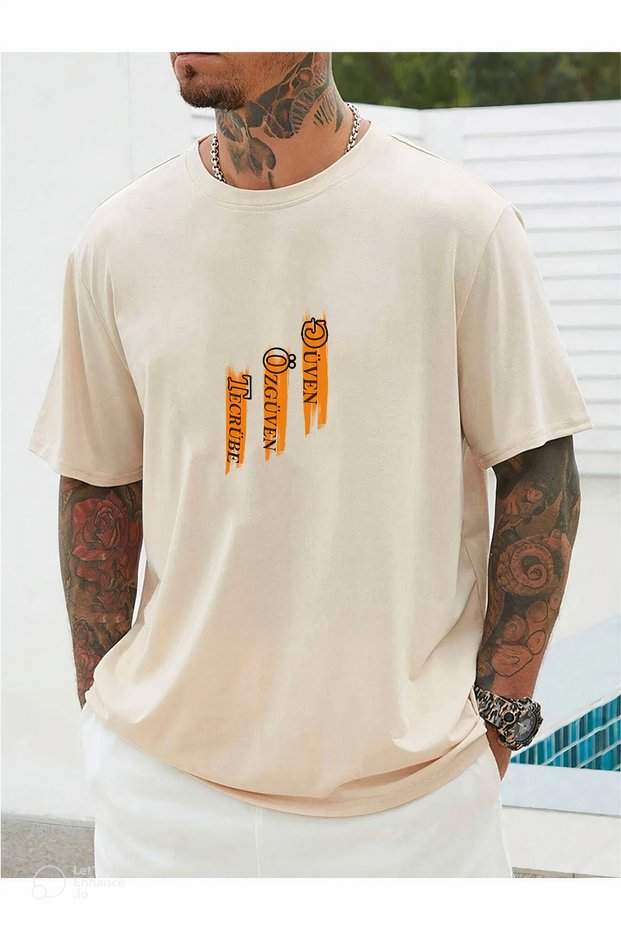 Unisex Beige Chest Vertical Printed Oversize T-shirt with Confidence Self-Confidence Experience Written