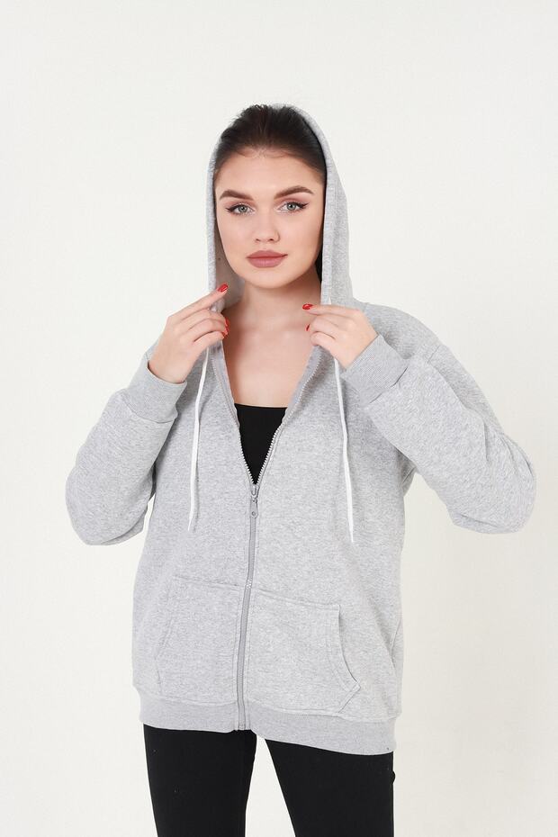 Gri Kapüşonlu Fermuarlı Sweatshirt - 2
