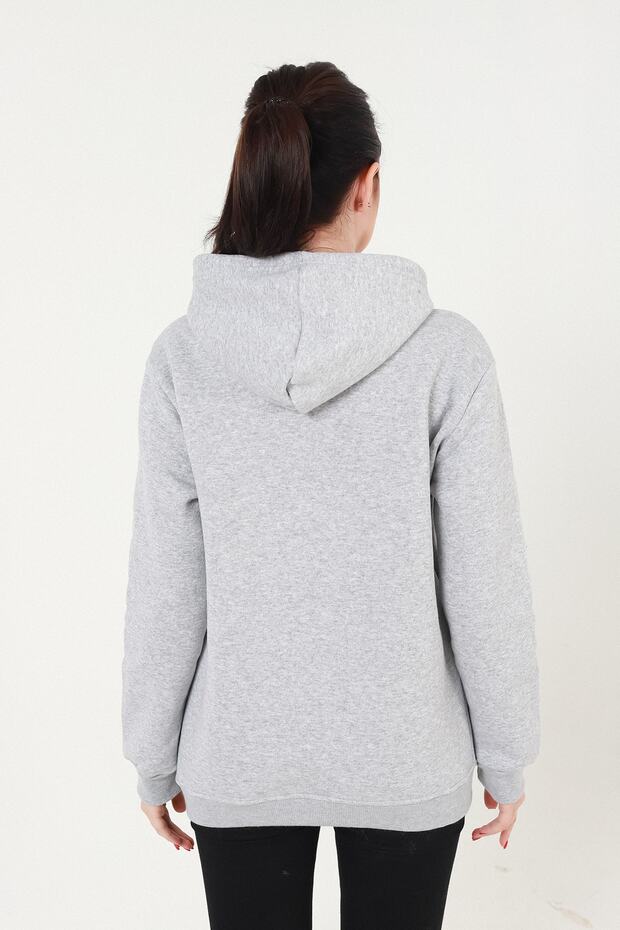 Gri Kapüşonlu Fermuarlı Sweatshirt - 8