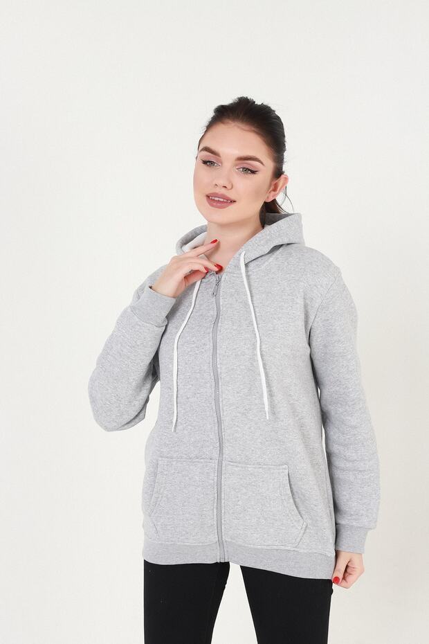 Gri Kapüşonlu Fermuarlı Sweatshirt - 3
