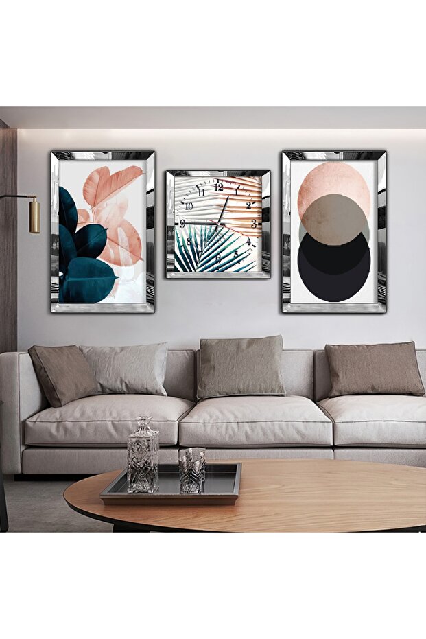 مرآة رسم ملصقة بإطار من البلكسي الفضي بإطار من البلكسي ومرآة رسم ثلاثية من نوع Mdf وطقم ساعة