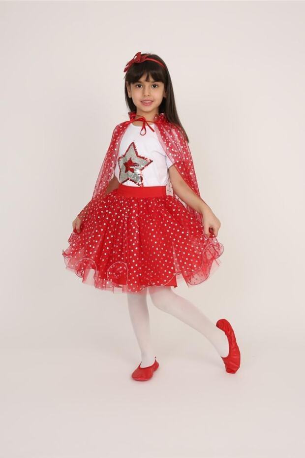 Girl's Patterned Red Star Patterned Cloak - 2