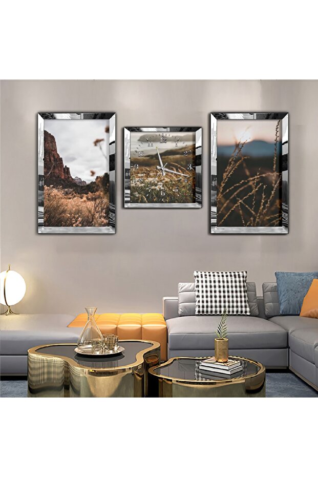 Silver Mirrored Plexiglass Framed Landscape Mirrored Triple Mdf Table Set and Clock Set