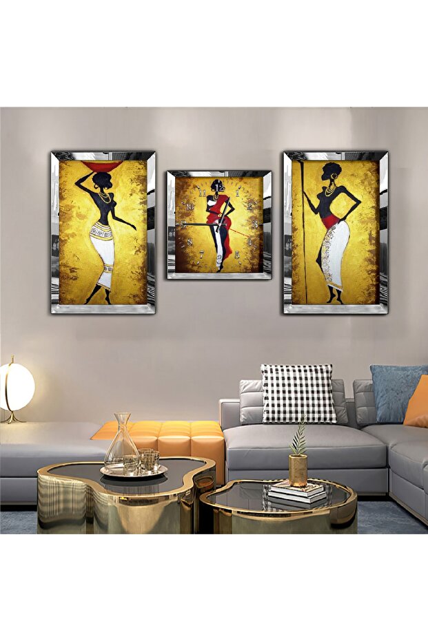 Silver Mirrored Plexiglass Framed Egyptian Civilization Mirrored Triple Mdf Table Set and Clock Set