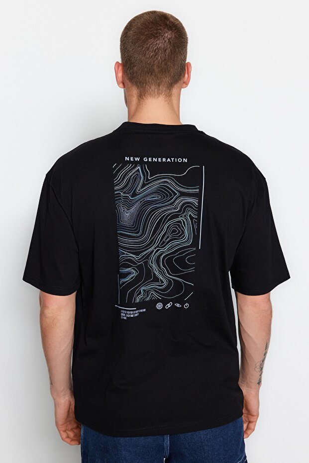 Siyah Oversize/Geniş Kesim Baskılı %100 Pamuklu T-Shirt TMNSS23TS00238 - 4