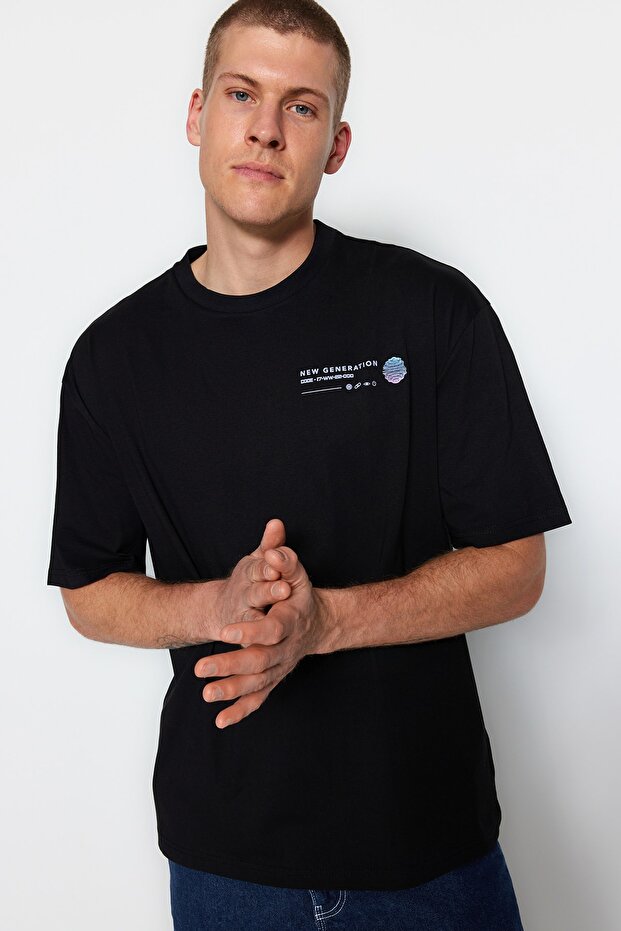 Siyah Oversize/Geniş Kesim Baskılı %100 Pamuklu T-Shirt TMNSS23TS00238 - 3