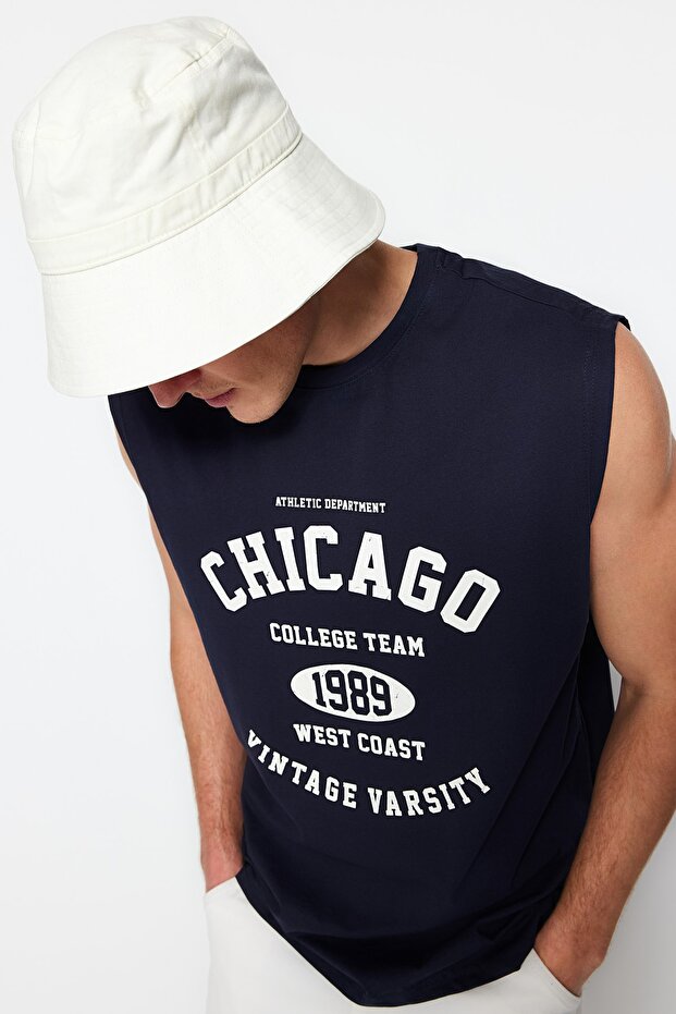 Lacivert Oversize/Geniş Kesim Şehir Baskılı %100 Pamuk Kolsuz T-Shirt/Atlet TMNSS23AL00008 - 3