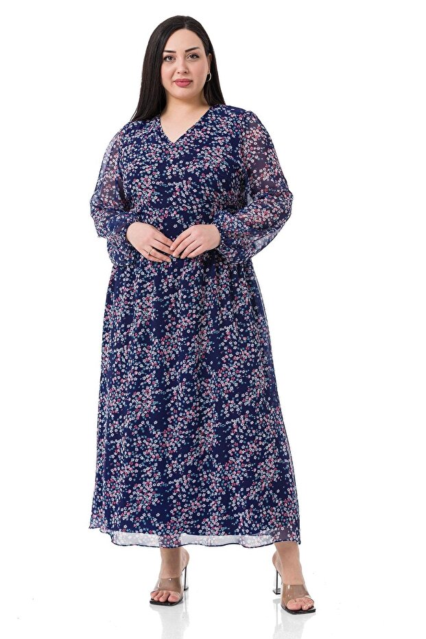 Plus Size V-Neck Waist And Sleeve Elastic Chiffon Long Lined Navy Blue Dress