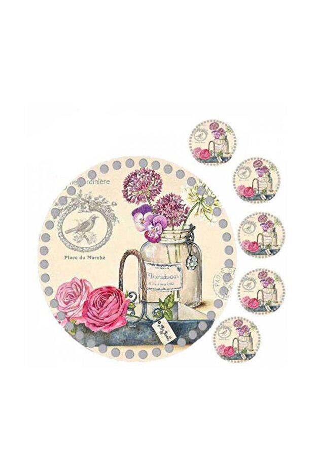30 Cm Mixed Flower Printed Knitted Wooden Tray Plate, 5 Pieces 10 Cm Printed Under Cup 012