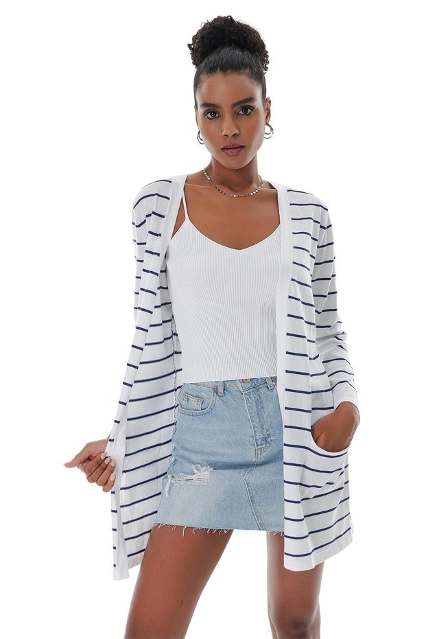 Women's Striped Pocket Detailed Open Form Cotton Thin Knitwear Cardigan White 23s1010