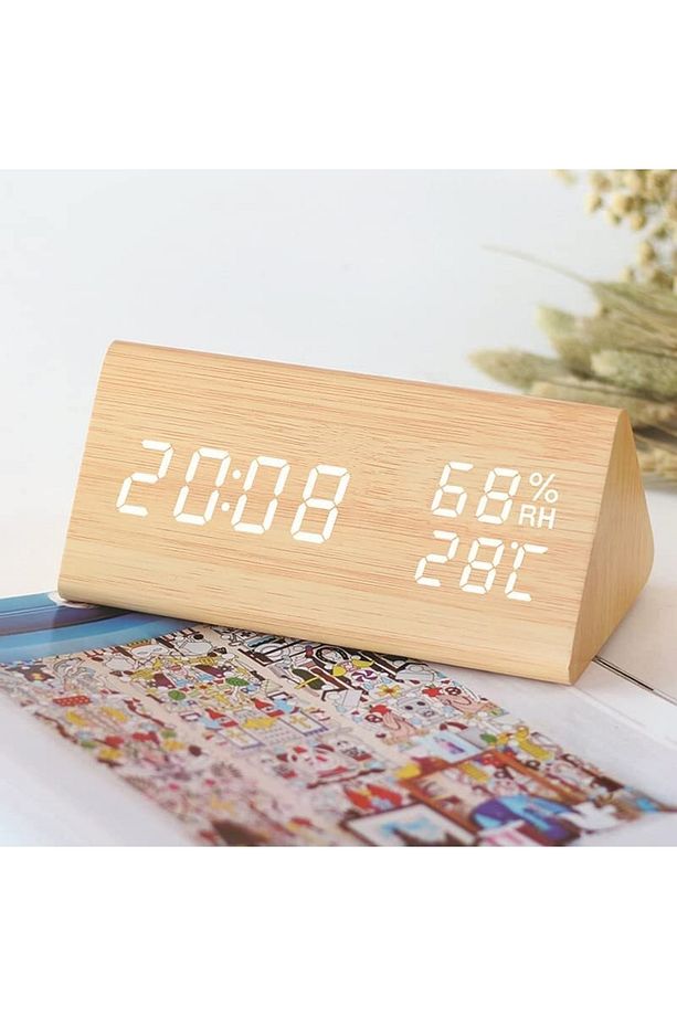 Led Ekranlı Dijital Üçgen Bambu Ahşap Masa Saati Alarm Takvim Ses Komutlu - 1