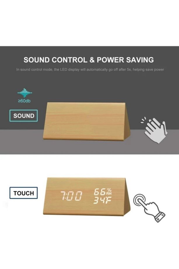 Led Ekranlı Dijital Üçgen Bambu Ahşap Masa Saati Alarm Takvim Ses Komutlu - 5