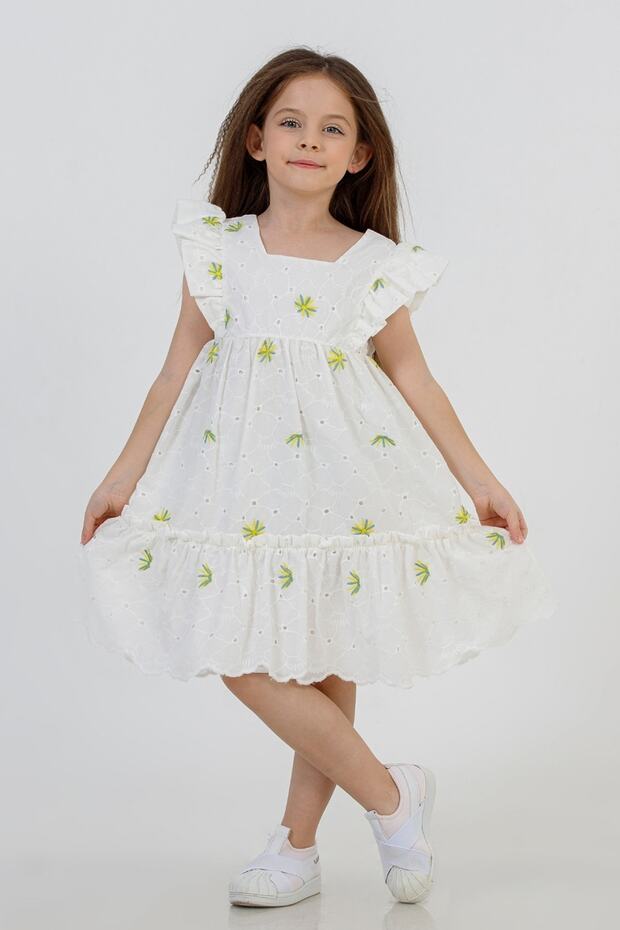 3-8 Years Embroidered Patterned White Girl's Dress