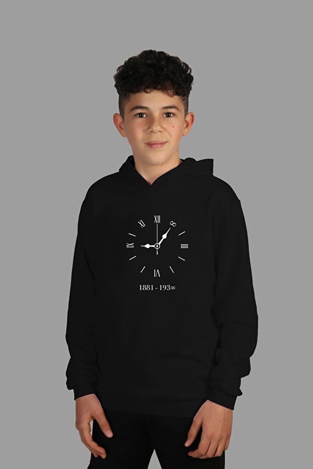 Children's Black Hooded Sweatshirt Atatürk 10 November Digital Printed Two Threads with Rosette Inside