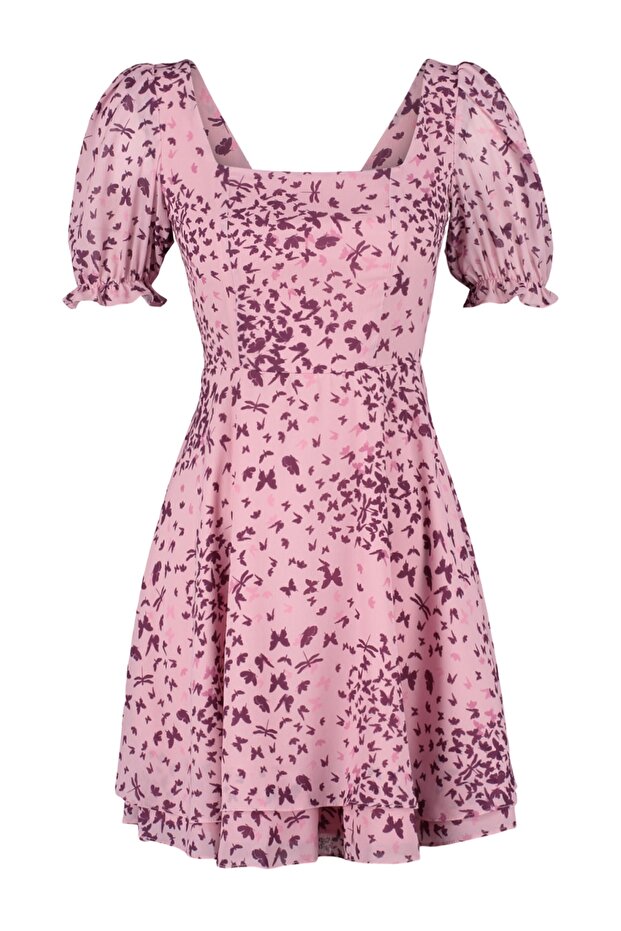 Pembe Desenli Belden Açılan Mini Astarlı Şifon Dokuma Elbise TWOSS23EL01171 - 7