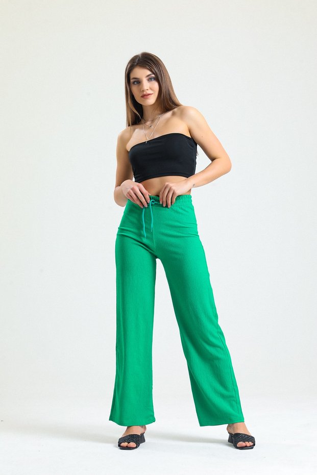 Women's Green Summer Seersucker Wrap Fabric Wide Leg Trousers