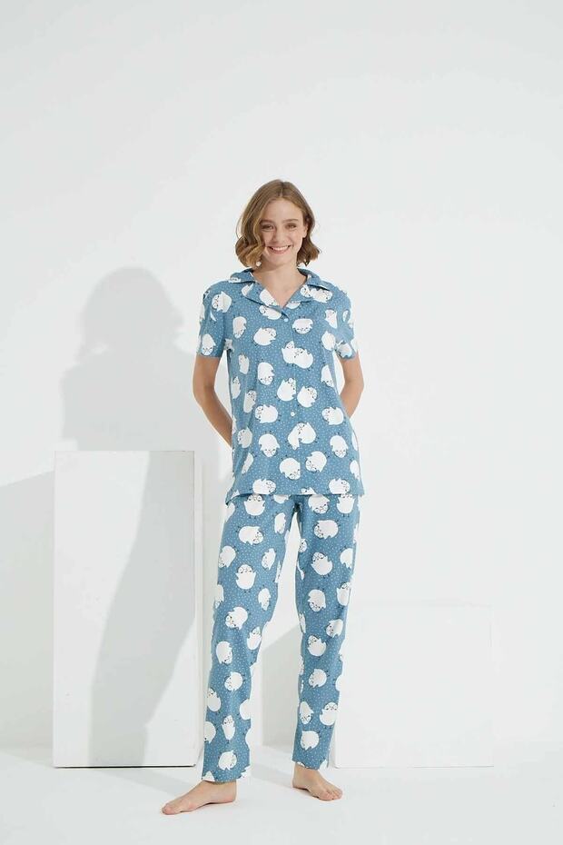 Mavi Civciv Desenli Düğmeli Örme Pijama Takım - 2