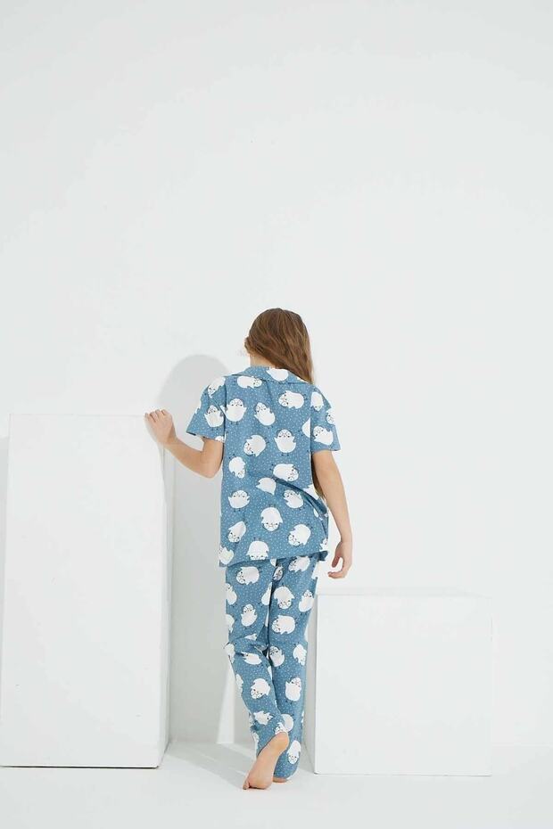 Mavi Civciv Desenli Düğmeli Örme Pijama Takım - 4