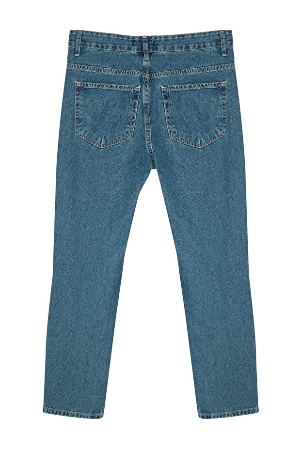 Lacivert Yeşil Eskitme Görünümlü %100 Pamuk Relax Fit Boyfriend Jeans Kot Pantolon TMNAW23JE00043 - 9