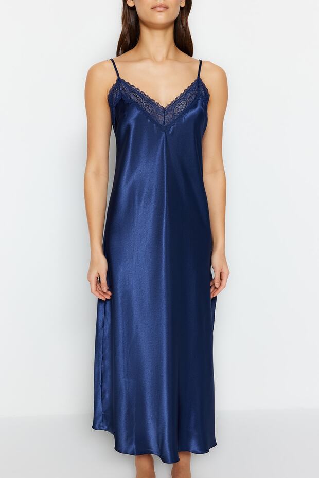 Indigo Dantelli ve Yırtmaçlı İp Askılı Saten Dokuma Gecelik THMSS23GC00021 - 7
