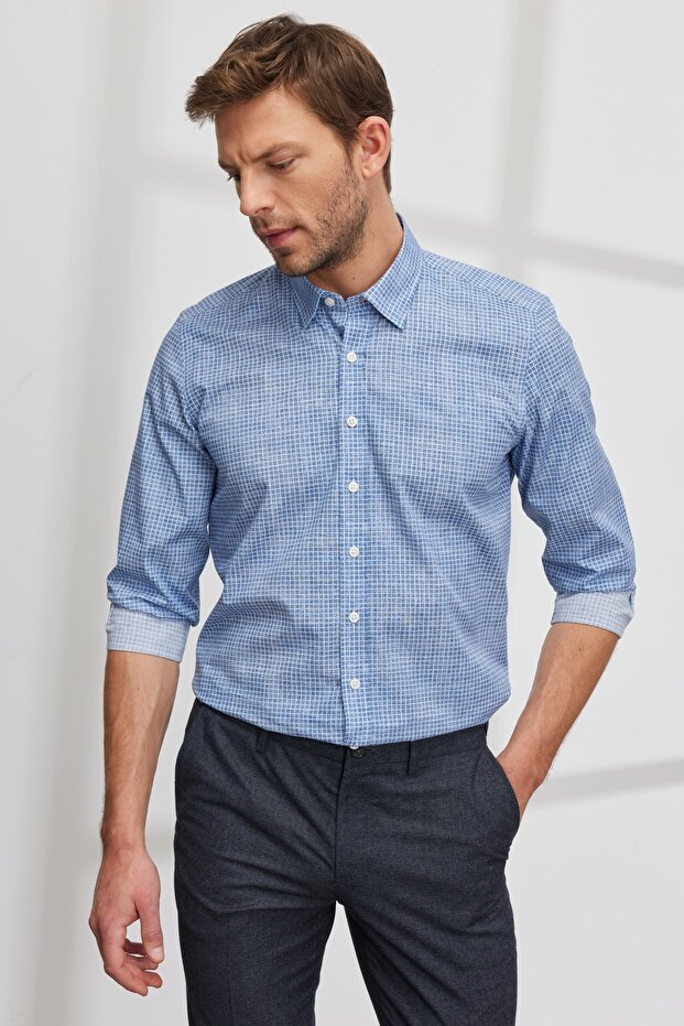Men's Blue Slim Fit Slim Fit Hidden Button Collar 100% Cotton Printed Shirt
