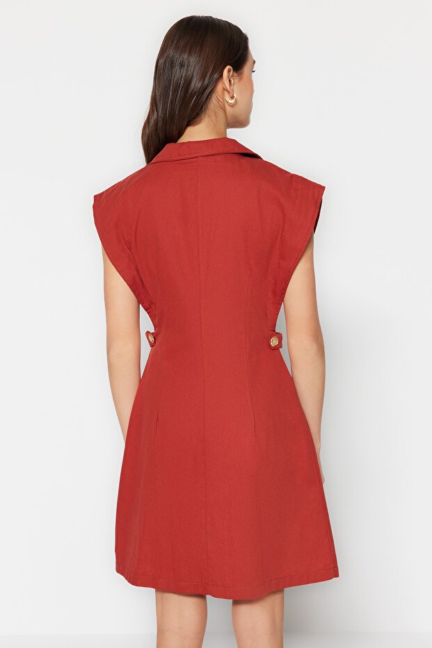Tarçın Düğme Detaylı Gabardin Mini Dokuma Gömlek Elbise TWOSS22EL2970 - 5