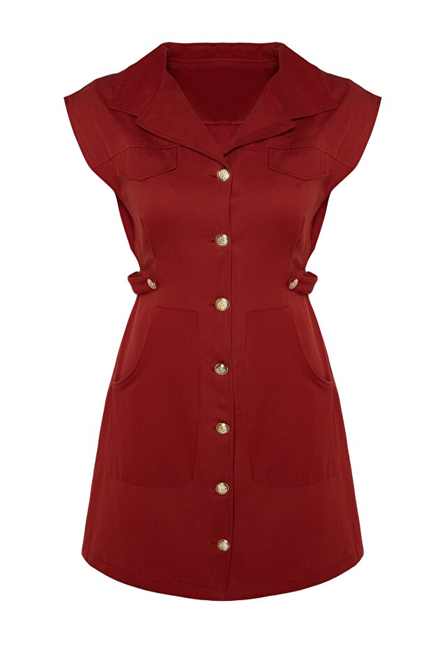 Tarçın Düğme Detaylı Gabardin Mini Dokuma Gömlek Elbise TWOSS22EL2970 - 6