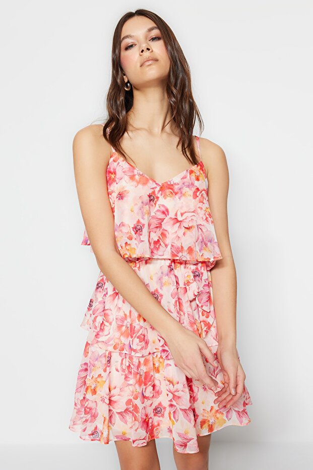 Pembe Çiçek Desenli Belden Açılan Boho Astarlı Şifon Uçuş Uçuş Dokuma Mini Elbise TWOSS23EL01445 - 4