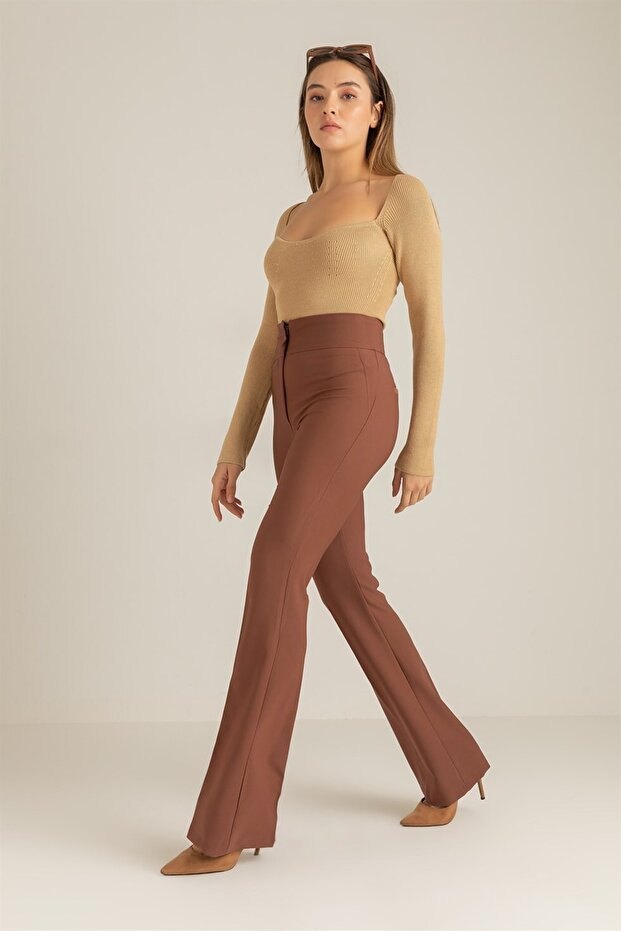 Women's High Waist Flared Leg Pants Qns046 - Brown