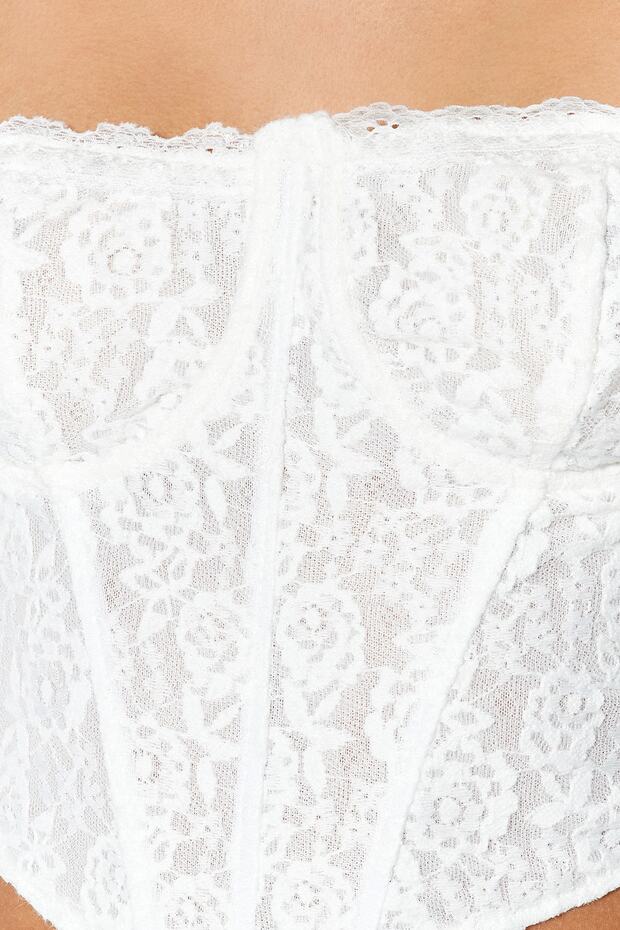 Ekru Crop Astarlı Korse Detaylı Agraflı Örme Dantel Büstiyer TPRAW23BS00062 - 4
