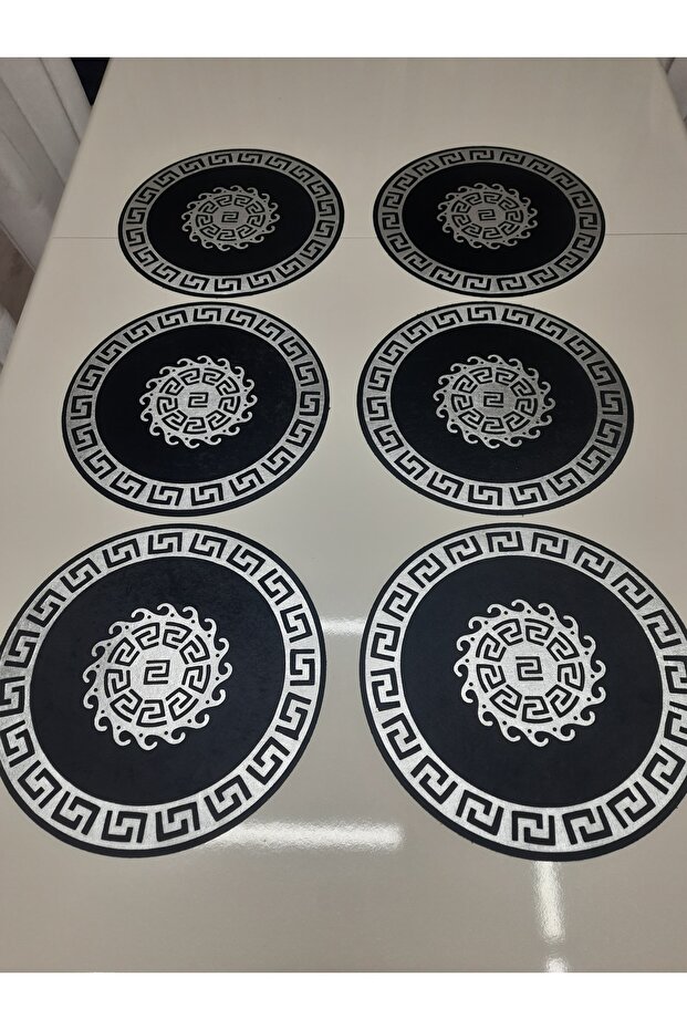 6 Pieces / Velvet Lux Foil Embroidered Placemat Set (Black with Silver Embroidery) / 33cm Round